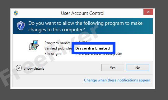 Screenshot where Discordia Limited appears as the verified publisher in the UAC dialog